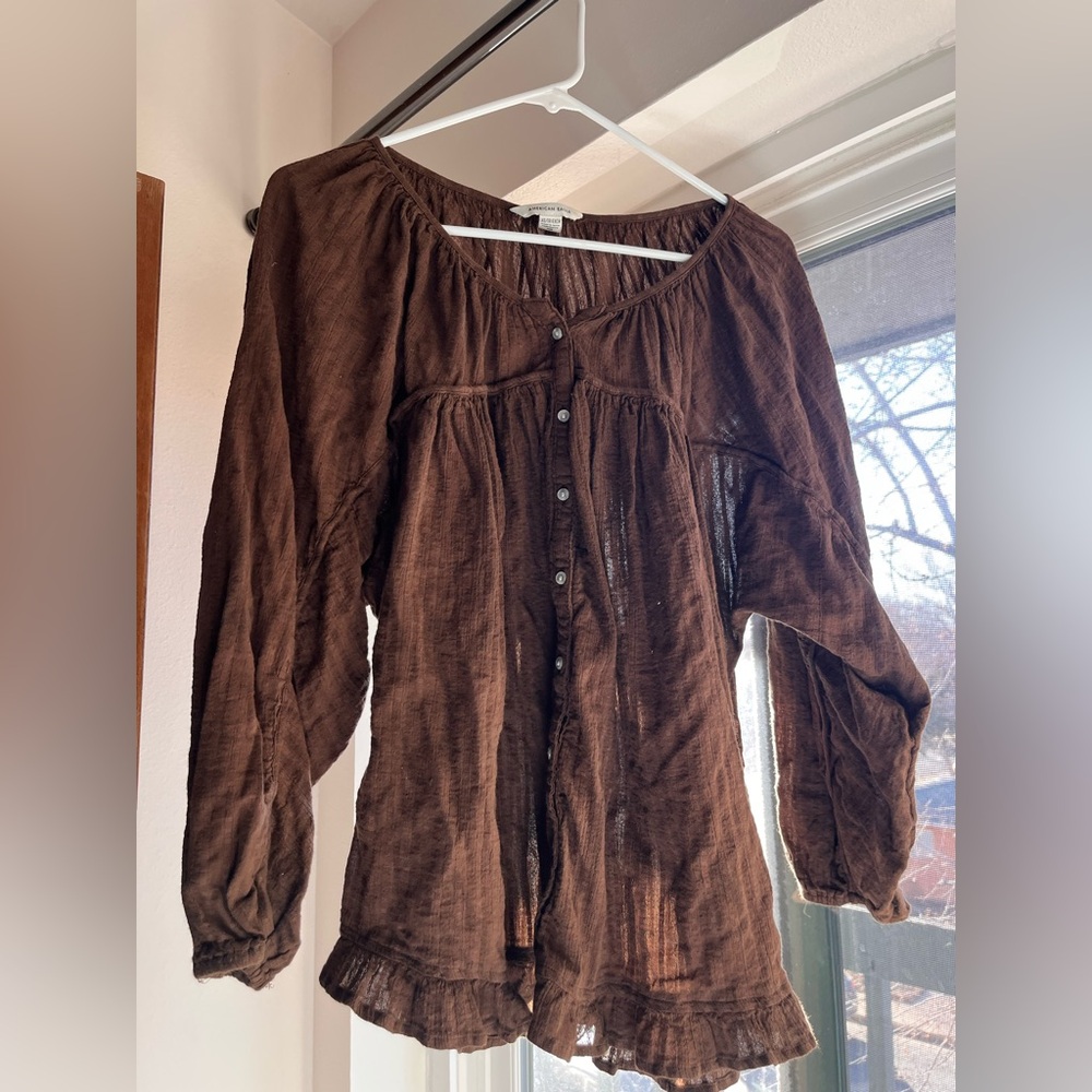 American Eagle Babydoll Button-Up Peasant Blouse XS Brown